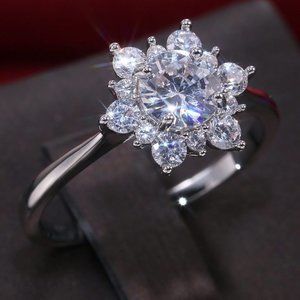 Sweet Round Flower Pure Zircon Thin Silver Dainty Ring for Women, VIP385
